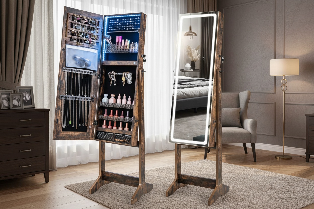 Standing Mirrored Jewellery Cabinet with LED Lights, Velvet Lining & Storage Drawers - Freestanding Bedroom Organiser | Wowcher