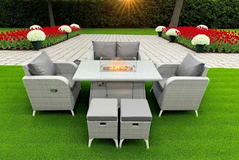 Rattan Reclining Loveseat Sofa & Firepit Dining Set Rattan Reclining Loveseat Sofa & Firepit Dining Set