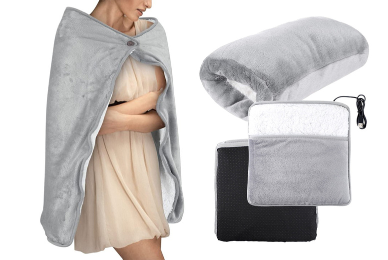 USB Heated Electric Plush Blanket & 2-in-1 Hand & Foot Warmer - Machine Washable, Energy Saving, Modern Cosy Style | Wowcher