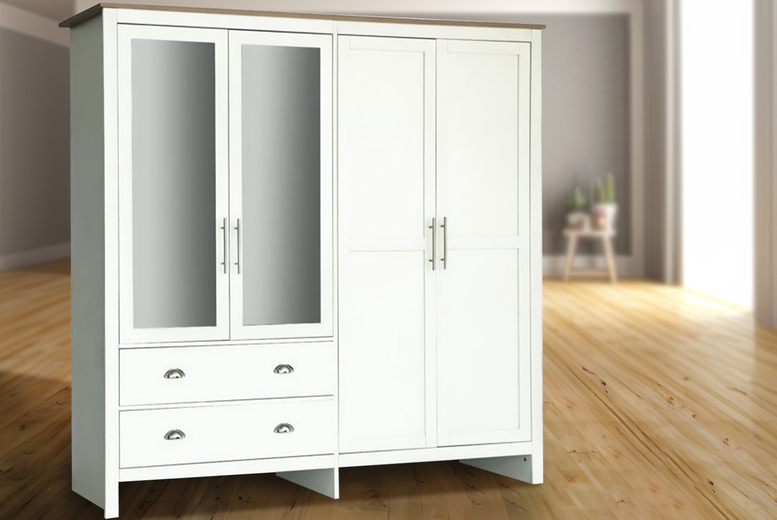 Heritage Oak-Effect 4-Door 2-Drawer Mirrored Wardrobe – Spacious Bedroom Storage, Classic White or Grey Finish | Wowcher Heritage Oak-Effect 4-Door 2-Drawer Mirrored Wardrobe – Spacious Bedroom Storage, Classic White or Grey Finish | Wowcher