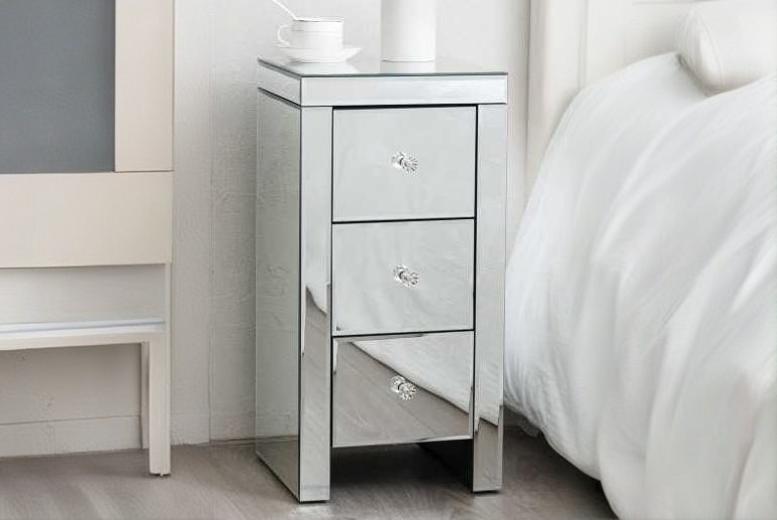 Contemporary Mirrored Bedside Table – 3-Drawer, Crystal Handles, Compact Bedroom Storage | Wowcher