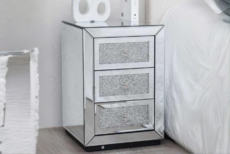 Crystal Mirrored 3 Drawer Bedside Table – Contemporary Glass & Crystal Accent Storage | Wowcher Crystal Mirrored 3 Drawer Bedside Table – Contemporary Glass & Crystal Accent Storage | Wowcher