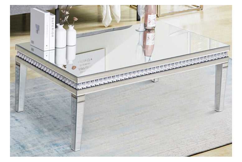 Contemporary Mirrored Coffee Table with Crystal Trim – Statement Glass Living Room Centrepiece | Wowcher
