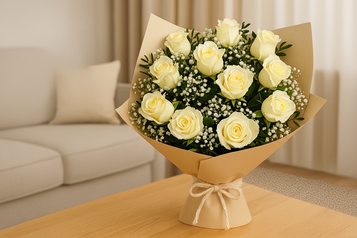 White Rose Bouquet – 12 Flowering Stems, Gift Bundle Option | Wowcher