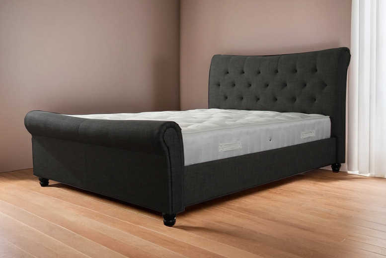 Monaco Grey Fabric Button Bed – Elegant Frame Monaco Grey Fabric Button Bed – Elegant Frame