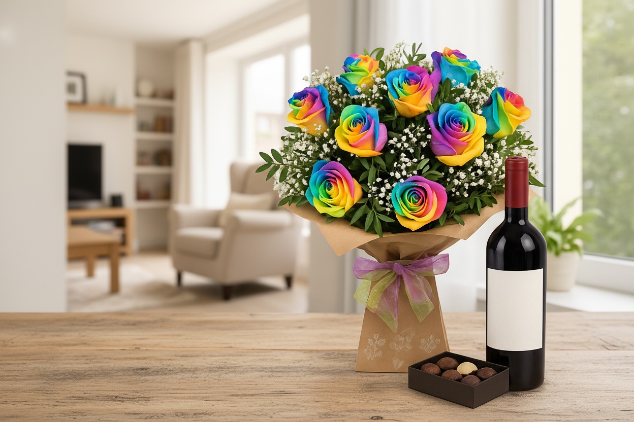 Rainbow Floral Bouquet with Wine & Chocolates | Wowcher