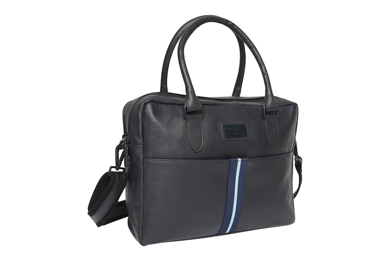 Unisex Real Leather Messenger Bag with Navy & Light Blue Stripe | Wowcher