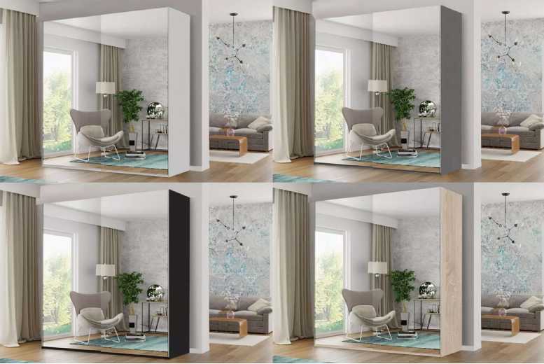 Double Mirror Sliding Door Wardrobe – Full-Length Mirrored Panels, Space-Saving Storage, Contemporary Finish (White, Black, or Grey) | Wowcher