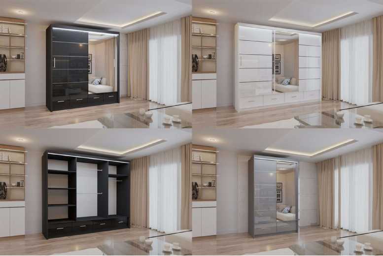 High Gloss Sliding Door Bedroom Wardrobe with Mirror – Storage Drawers, Rails, Modern Finish (3 Sizes, 3 Colours) | Wowcher High Gloss Sliding Door Bedroom Wardrobe with Mirror – Storage Drawers, Rails, Modern Finish (3 Sizes, 3 Colours) | Wowcher