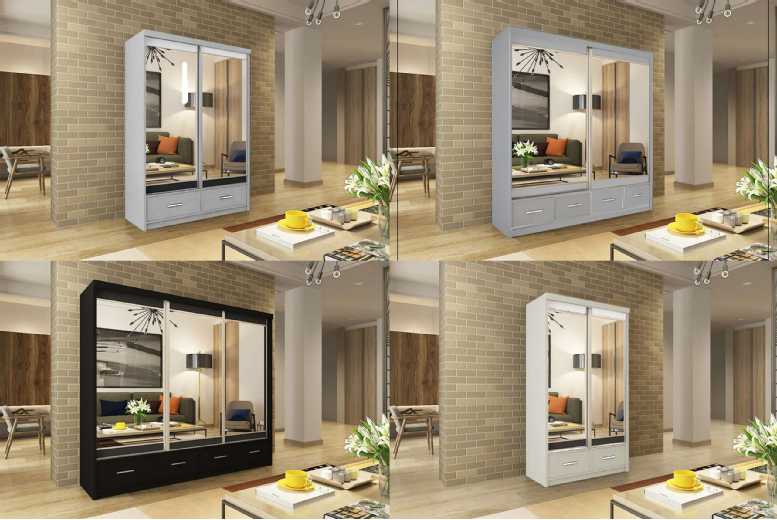 Farren Sliding Door Mirrored Wardrobe – Contemporary Bedroom Storage in White, Black, or Grey (4 Sizes) | Wowcher Farren Sliding Door Mirrored Wardrobe – Contemporary Bedroom Storage in White, Black, or Grey (4 Sizes) | Wowcher