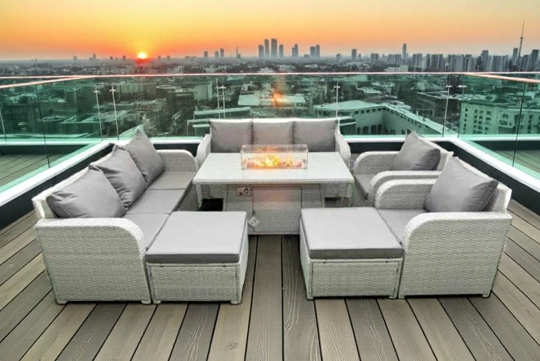 PE Rattan 10-Seater Recliner Dining Set with Firepit PE Rattan 10-Seater Recliner Dining Set with Firepit
