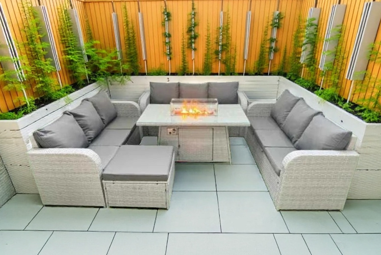 10-Seater Weather-Resistant Rattan Garden Sofa Set with Firepit Table | Wowcher