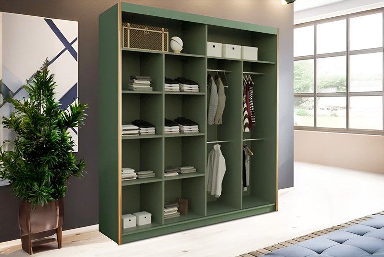 Sage Green & Gold Contemporary 3 Door Sliding MDF Wardrobe – Large Storage, Space-Saving, Modern Bedroom Furniture | Wowcher Sage Green & Gold Contemporary 3 Door Sliding MDF Wardrobe – Large Storage, Space-Saving, Modern Bedroom Furniture | Wowcher