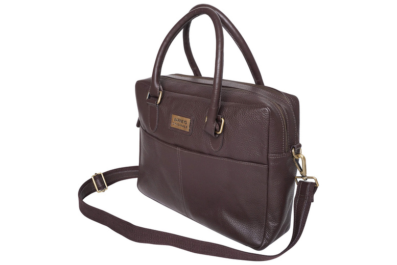 Unisex Brown Genuine Leather Laptop Tote Bag – Adjustable Strap, Secure Storage, Classic Work Satchel | Wowcher