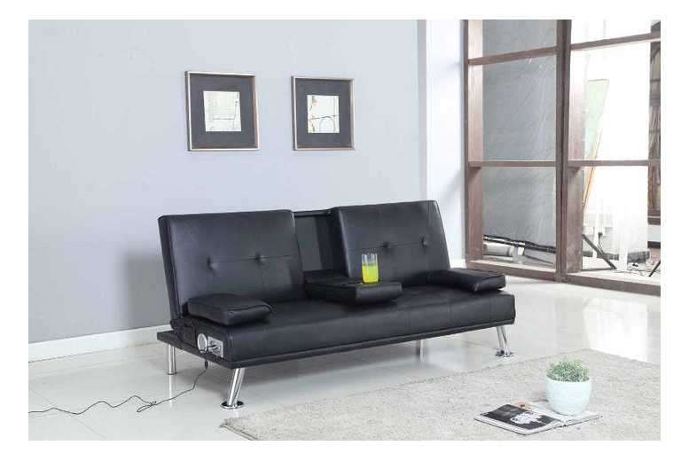 Faux Leather 3-Seater Sofa Bed with Bluetooth Speakers – Modern Multi-Function | Wowcher
