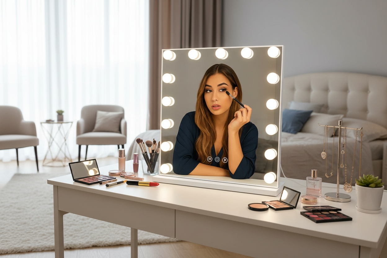 Large Hollywood LED Vanity Mirror with 15 Bulbs, Metal Frame, Smart Touch Controls - Wall Mounted or Tabletop | Wowcher