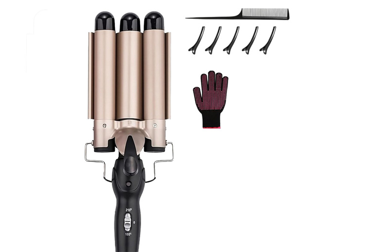 Professional 3-Barrel Ceramic Mermaid Wave Hair Curler – Fast Heat, Tourmaline Tech, Adjustable Temp, Salon Results | Wowcher