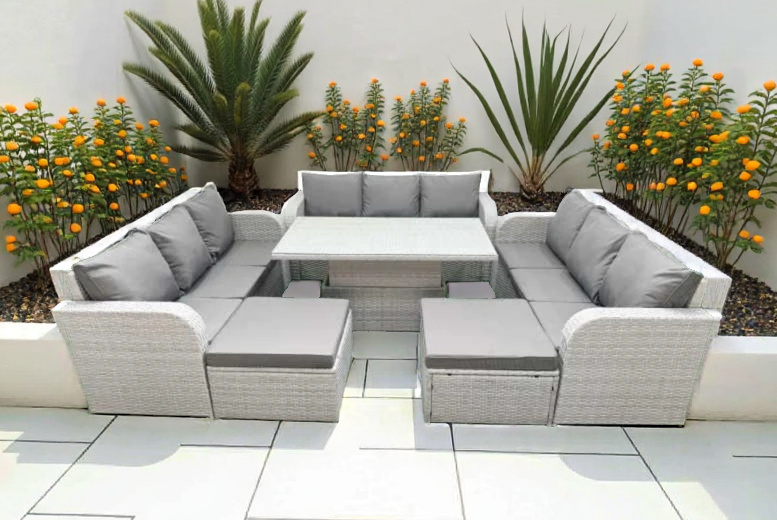 11-Seater Weather-Resistant PE Rattan U-Shaped Garden Lounge Set with Adjustable Table | Wowcher