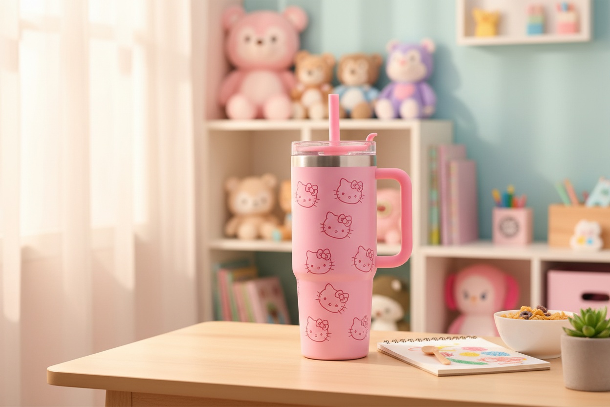Stainless Steel Cartoon Tumbler Set with Handle & Straw - Double-Wall, 2 Sizes, 4 Designs | Wowcher