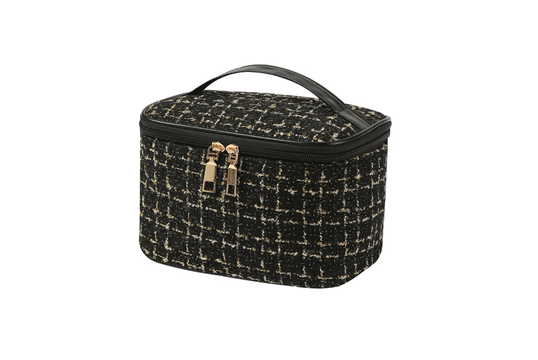 Large Makeup Bag – Travel-Ready Beauty Organiser, Woven Polyester, Double-Zip, White/Black | Wowcher