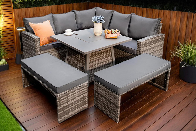 9-Seater Rattan Garden Furniture Set with Fire Pit Table- 2 Colours 9-Seater Rattan Garden Furniture Set with Fire Pit Table- 2 Colours