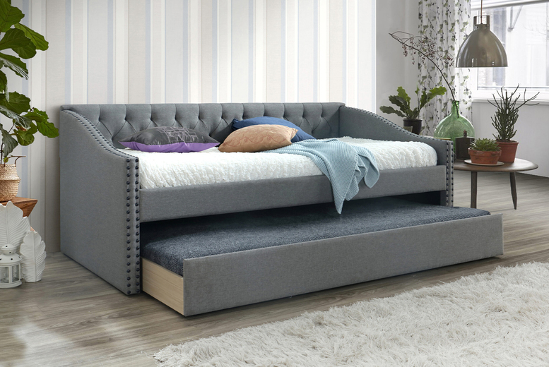 Ottoman Divan Bed with Grey Linen Chesterfield Frame & Pull-Out Trundle – Space-Saving Guest Storage Solution | Wowcher Ottoman Divan Bed with Grey Linen Chesterfield Frame & Pull-Out Trundle – Space-Saving Guest Storage Solution | Wowcher