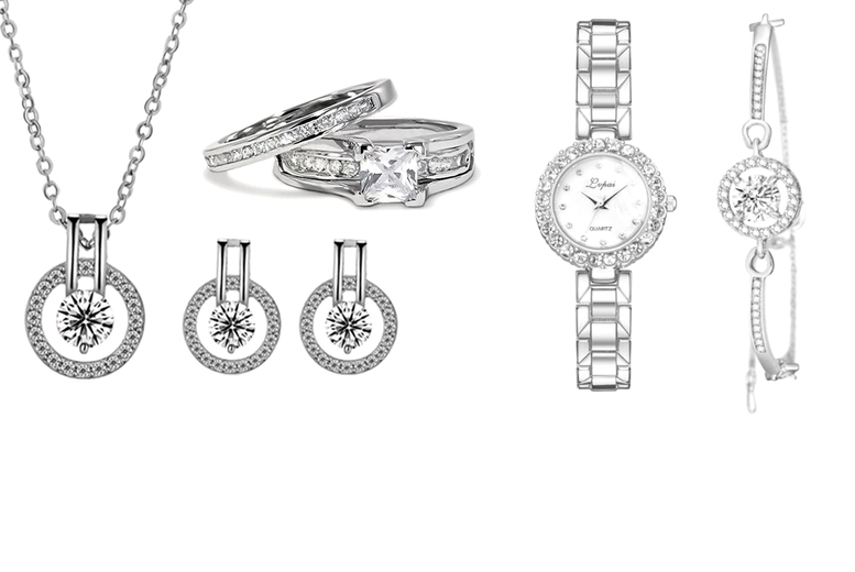 5 Piece Luxury Jewellery & Watch Set – Silver or Rose Gold, Zircon, Gift Collection | Wowcher
