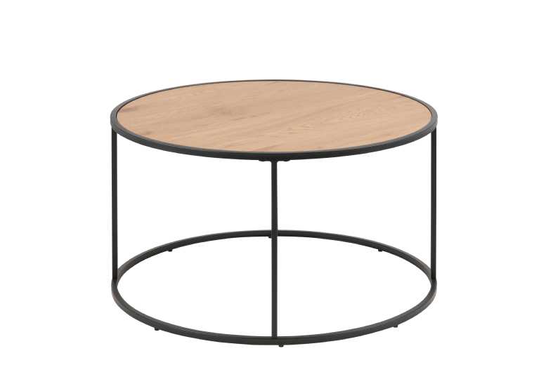 Round Coffee Table Black Metal Frame Oak Top Modern Living Room