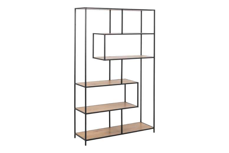 Large Black Metal Asymmetrical Bookcase Oak Shelves Modern | Wowcher