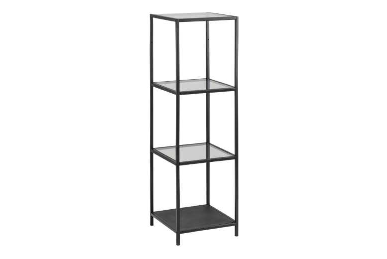 Narrow Black Metal Bookcase 3 Tier Glass Oak Shelves Modern Slim