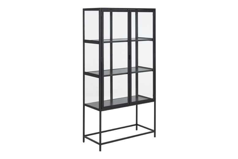 Black Metal Glass Display Cabinet 2 Door Storage Unit Shelving | Wowcher