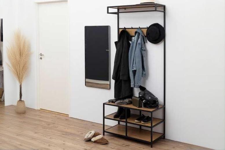 Modern Oak & Black Metal Coat Rack with 3 Shelves – Bedroom Storage Organiser | Wowcher Modern Oak & Black Metal Coat Rack with 3 Shelves – Bedroom Storage Organiser | Wowcher