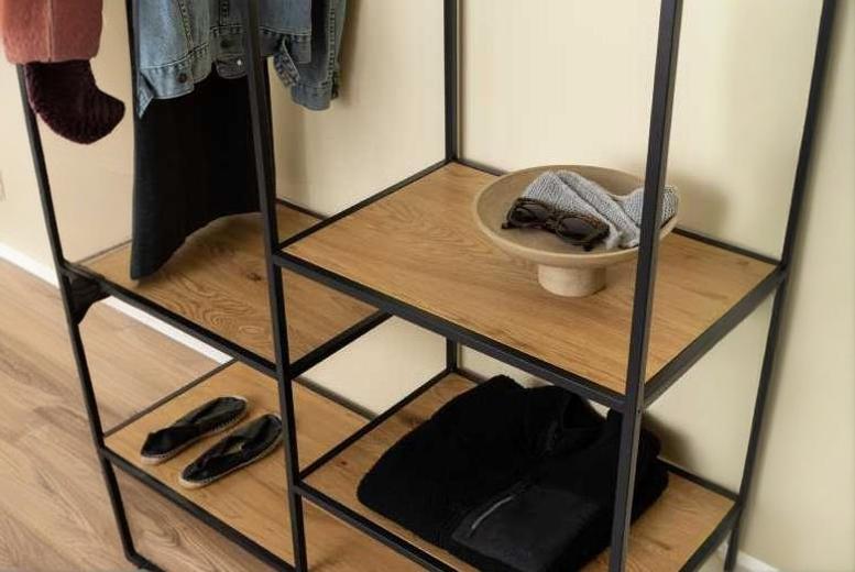 Open Wardrobe Clothes Rack – 4 Oak-Effect Shelves, Sturdy Black Metal Frame, Bedroom Storage Solution | Wowcher