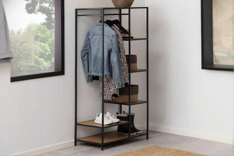 Industrial Oak-Finish Clothes Rack with 5 Shelves & Hanging Rail – Black Metal Bedroom Storage | Wowcher Industrial Oak-Finish Clothes Rack with 5 Shelves & Hanging Rail – Black Metal Bedroom Storage | Wowcher