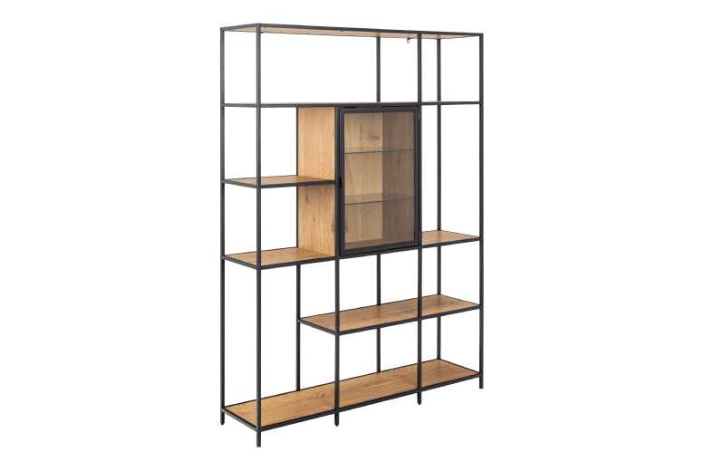 Bookcase With 7 Shelves Glass Door Black Metal Frame Oak Finish | Wowcher