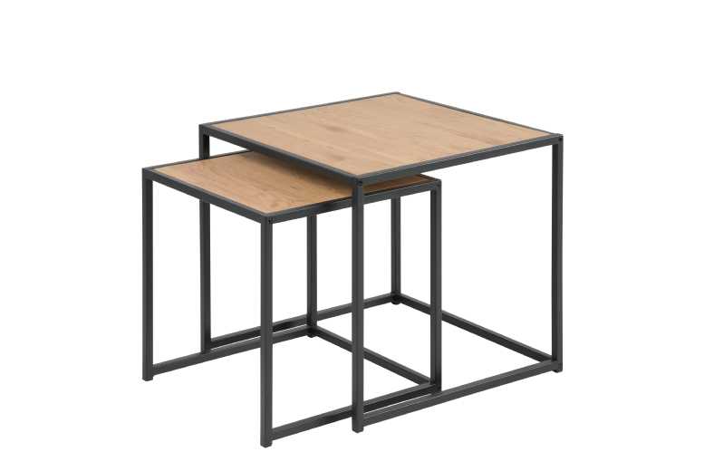 Black Metal Nest of Tables Oak Ash Top Industrial Stackable Side