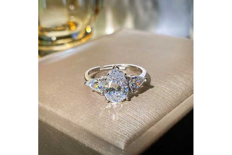 S925 Sterling Silver Three-Stone Pear Cubic Zirconia Adjustable Statement Ring | Wowcher
