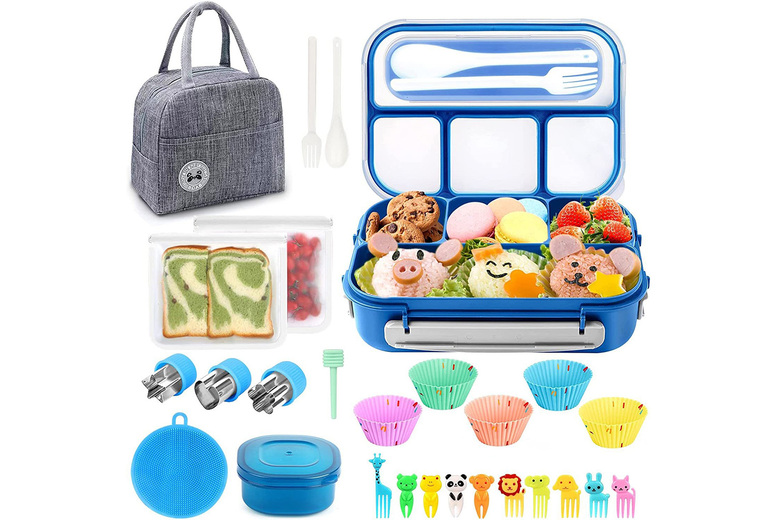 4-Compartment Bento Lunch Box – Blue, Pink & Purple | Wowcher