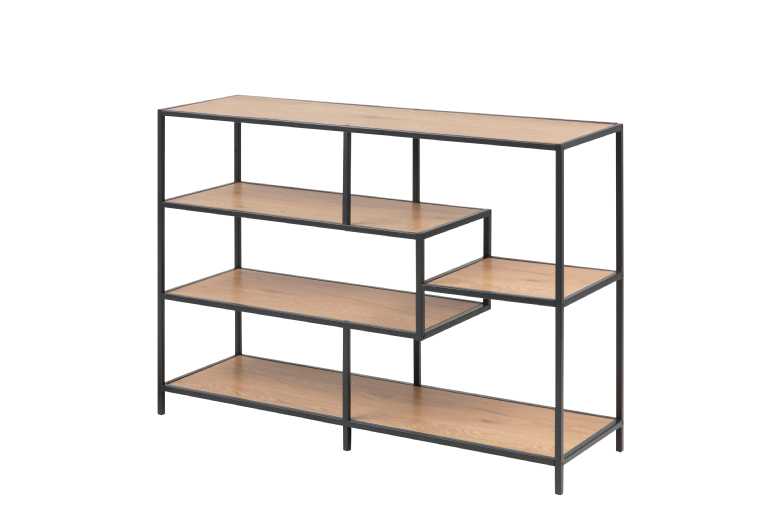 Wide Metal Bookcase 4 Tier Black Gold Oak Shelves Modern | Wowcher