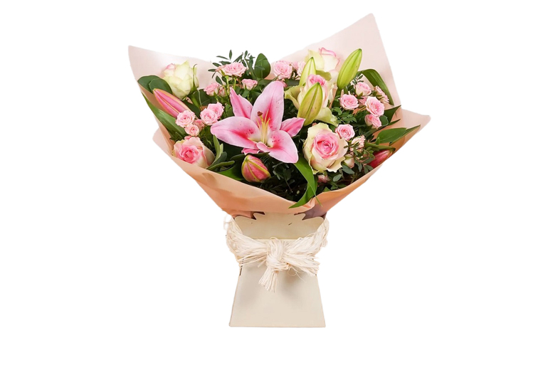 Pink Blush Hand-Tied Bouquet – Elegant Roses & Lilies | Wowcher Pink Blush Hand-Tied Bouquet – Elegant Roses & Lilies | Wowcher