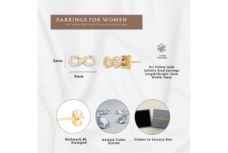 9ct Solid Yellow Gold Infinity Stud Earrings – Hallmarked, Cubic Zirconia, Hypoallergenic Studs | Wowcher