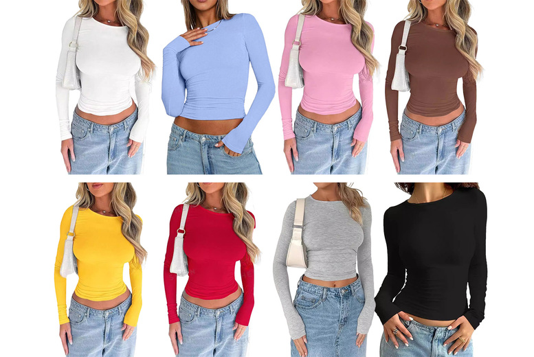 Yellow Women’s Slim Fit Long Sleeve Top – Stretch Polyester Blend, Round Neck, 4 Sizes, 8 Colours | Wowcher
