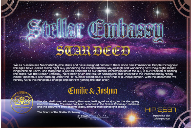 Personalised ‘Name a Star’ Certificate – Digital Memorabilia Gift by Stellar Embassy | Wowcher
