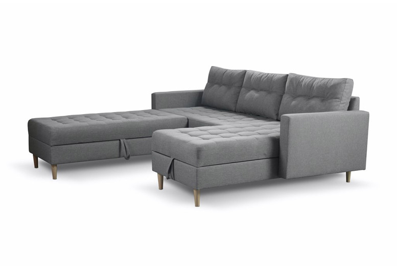 Oslo Modern Fabric Corner Sofa Bed with Ottoman Storage – Reversible, 3-Seater, Blue/Black/Grey | Wowcher Oslo Modern Fabric Corner Sofa Bed with Ottoman Storage – Reversible, 3-Seater, Blue/Black/Grey | Wowcher