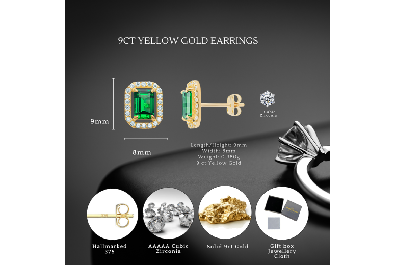 9ct Gold Emerald Halo Stud Earrings 9x8mm with Hallmark