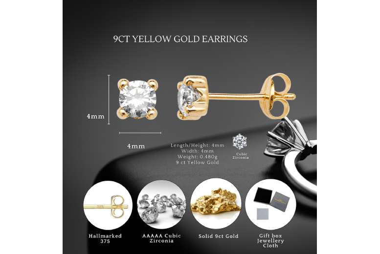 9ct Gold Cubic Zirconia Stud Earrings – Solid Yellow Gold, Hypoallergenic, Timeless Studs | Wowcher