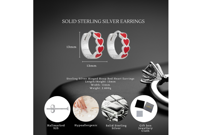 Sterling Silver 13mm Hinged Hoop Earrings with Red Heart Charm - Hypoallergenic Mini Hoops | Wowcher