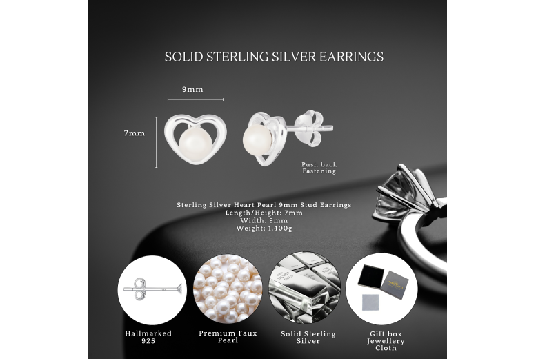 Sterling Silver Heart Pearl Stud Earrings – S925 Hypoallergenic Studs, Romantic Gift, Polished Finish | Wowcher