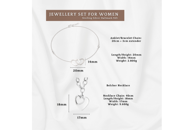 Sterling Silver Double Heart Necklace & Heart Anklet Bracelet Set Sterling Silver Double Heart Necklace & Heart Anklet Bracelet Set