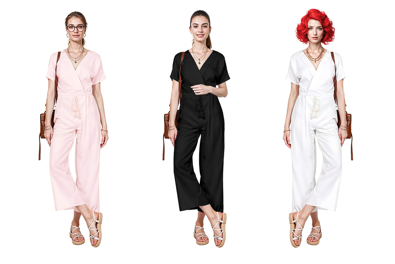 White Women’s V-Neck Jersey Jumpsuit – Short Sleeve, Tie Belt, 3 Colours, Sizes 8-16 | Wowcher